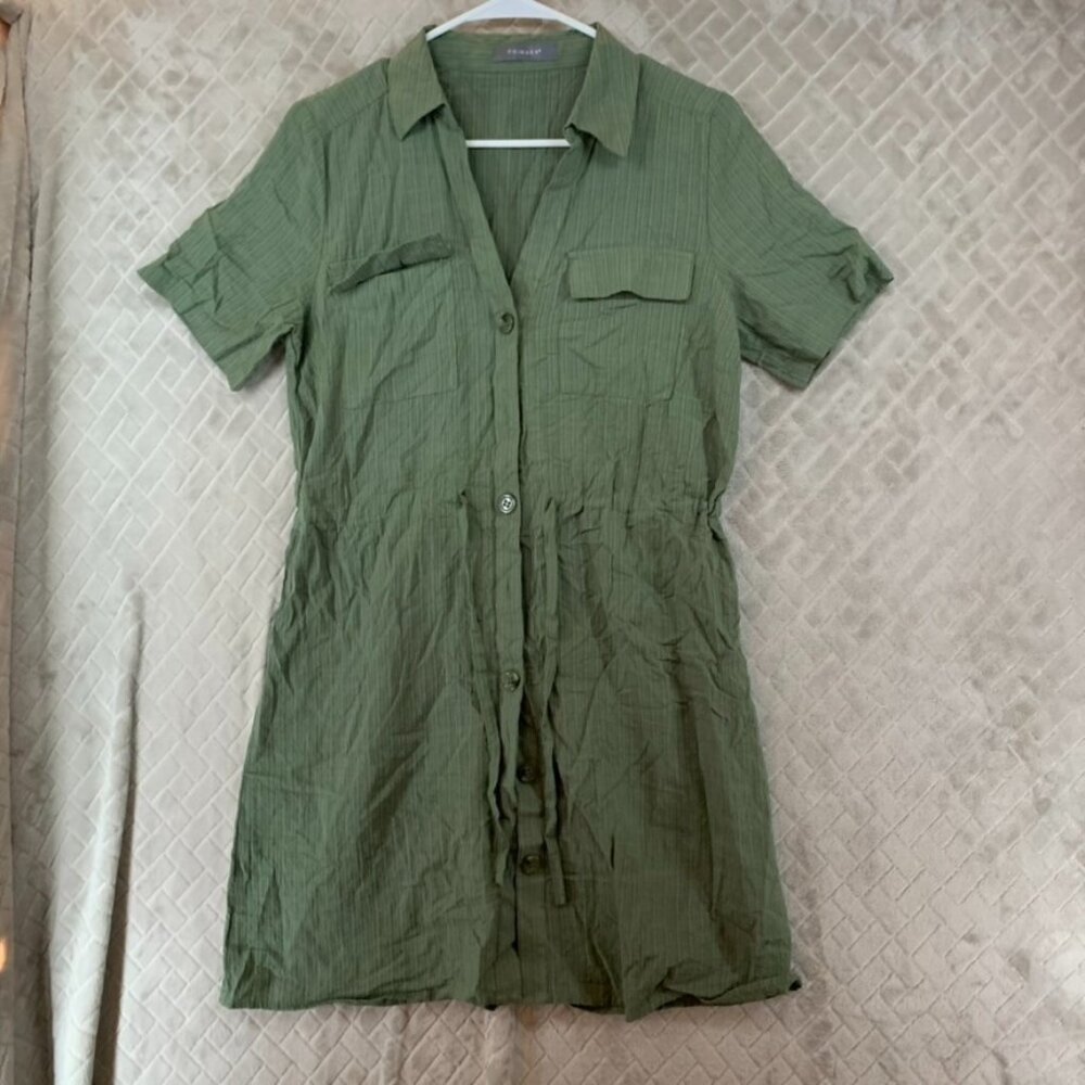 Primark Womens 6 Tunic Top Mini Dress Army Green Striped Button Up Short Sleeve